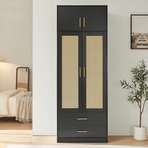 Roupeiro Larundi 4 portas 1 varão 2 gavetas 216x80x52cm Preto  Carvalho en.casa