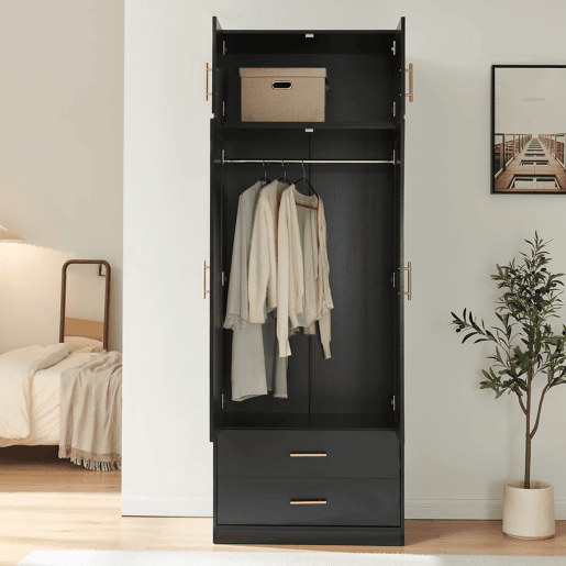 Roupeiro Larundi 4 portas 1 varão 2 gavetas 216x80x52cm Preto  Carvalho en.casa