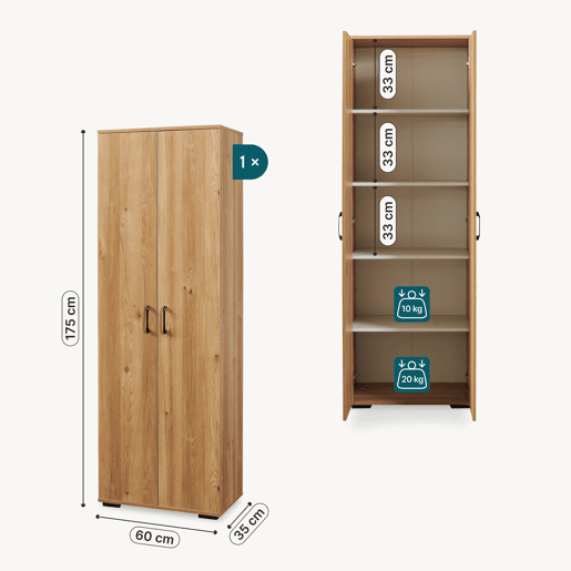Armário multifuncional Chalvefted com 2 portas e compartimento para vassouras 175x60x35 cm Carvalho en.casa