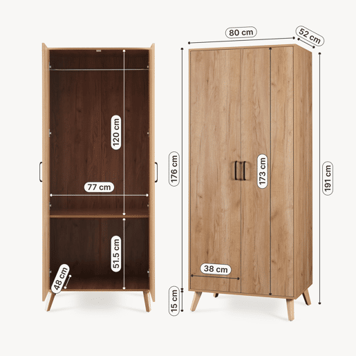 Roupeiro Norg 2 portas 1 varão 1 compartimento 191x80x52 cm Aspecto carvalho en.casa