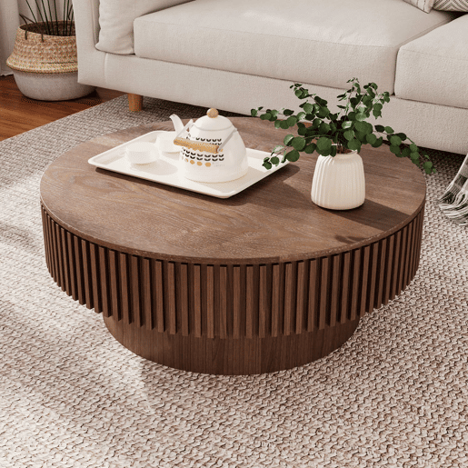 Mesa de centro redonda de 75 cm - Moderna, com espaço de arrumação e acabamento em madeira natural, mesa auxiliar para sala de estar - nogueira Mesa de centro redonda de 75 cm - Moderna, com espaço de arrumação e acabamento em madeira natural, mesa auxiliar para sala de estar - nogueira