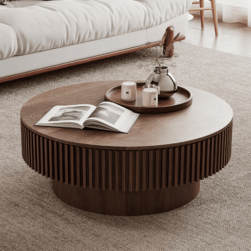 Mesa de centro redonda de 75 cm - Moderna, com espaço de arrumação e acabamento em madeira natural, mesa auxiliar para sala de estar - nogueira Mesa de centro redonda de 75 cm - Moderna, com espaço de arrumação e acabamento em madeira natural, mesa auxiliar para sala de estar - nogueira