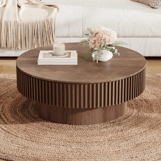 Mesa de centro redonda de 75 cm - Moderna, com espaço de arrumação e acabamento em madeira natural, mesa auxiliar para sala de estar - nogueira Mesa de centro redonda de 75 cm - Moderna, com espaço de arrumação e acabamento em madeira natural, mesa auxiliar para sala de estar - nogueira
