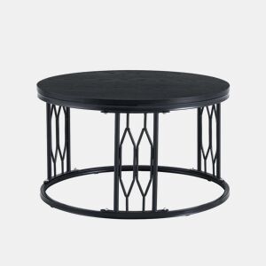 Mesa de centro redonda 70 x 40,5 cm u2014 design moderno com tampo com efeito de madeira e estrutura metálica geométrica e estável u2014 Preto