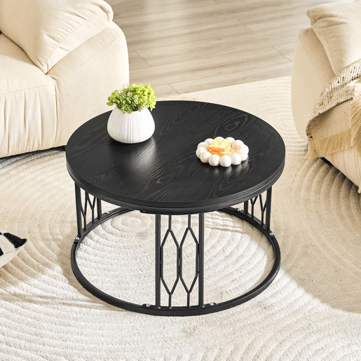 Mesa de centro redonda 70 x 40,5 cm u2014 design moderno com tampo com efeito de madeira e estrutura metálica geométrica e estável u2014 Preto