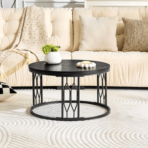 Mesa de centro redonda 70 x 40,5 cm u2014 design moderno com tampo com efeito de madeira e estrutura metálica geométrica e estável u2014 Preto