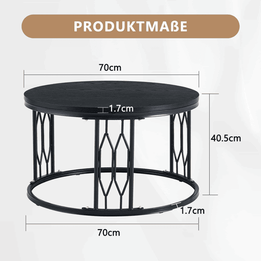 Mesa de centro redonda 70 x 40,5 cm u2014 design moderno com tampo com efeito de madeira e estrutura metálica geométrica e estável u2014 Preto