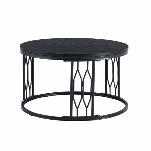 Mesa de centro redonda 70 x 40,5 cm u2014 design moderno com tampo com efeito de madeira e estrutura metálica geométrica e estável u2014 Preto