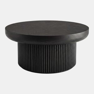 Mesa de centro redonda de 78 cm - Design moderno estriado com tampo com efeito de parquet de madeira, base cilíndrica e estilo vintage - Preto
