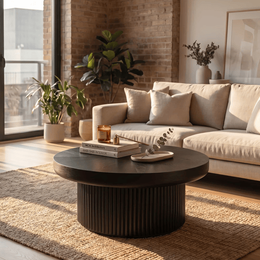 Mesa de centro redonda de 78 cm - Design moderno estriado com tampo com efeito de parquet de madeira, base cilĂndrica e estilo vintage - Preto Mesa de centro redonda de 78 cm - Design moderno estriado com tampo com efeito de parquet de madeira, base cilĂndrica e estilo vintage - Preto