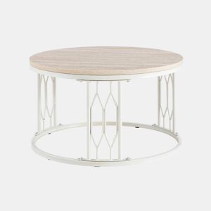 Mesa de centro redonda 70 x 40,5 cm u2014 design moderno com tampo com efeito de madeira e estrutura geométrica em metal u2014 Branco