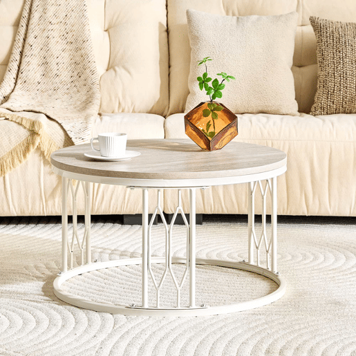 Mesa de centro redonda 70 x 40,5 cm u2014 design moderno com tampo com efeito de madeira e estrutura geométrica em metal u2014 Branco Mesa de centro redonda 70 x 40,5 cm u2014 design moderno com tampo com efeito de madeira e estrutura geométrica em metal u2014 Branco