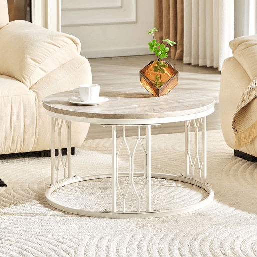 Mesa de centro redonda 70 x 40,5 cm u2014 design moderno com tampo com efeito de madeira e estrutura geométrica em metal u2014 Branco Mesa de centro redonda 70 x 40,5 cm u2014 design moderno com tampo com efeito de madeira e estrutura geométrica em metal u2014 Branco