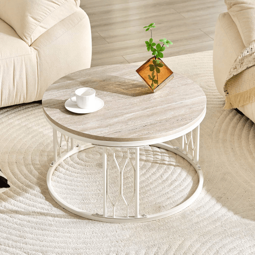 Mesa de centro redonda 70 x 40,5 cm u2014 design moderno com tampo com efeito de madeira e estrutura geométrica em metal u2014 Branco Mesa de centro redonda 70 x 40,5 cm u2014 design moderno com tampo com efeito de madeira e estrutura geométrica em metal u2014 Branco
