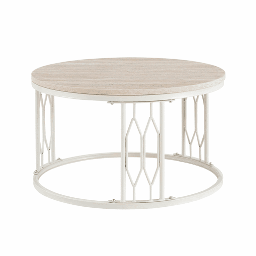 Mesa de centro redonda 70 x 40,5 cm u2014 design moderno com tampo com efeito de madeira e estrutura geométrica em metal u2014 Branco Mesa de centro redonda 70 x 40,5 cm u2014 design moderno com tampo com efeito de madeira e estrutura geométrica em metal u2014 Branco