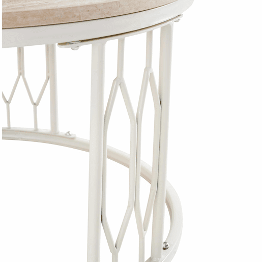 Mesa de centro redonda 70 x 40,5 cm u2014 design moderno com tampo com efeito de madeira e estrutura geométrica em metal u2014 Branco Mesa de centro redonda 70 x 40,5 cm u2014 design moderno com tampo com efeito de madeira e estrutura geométrica em metal u2014 Branco