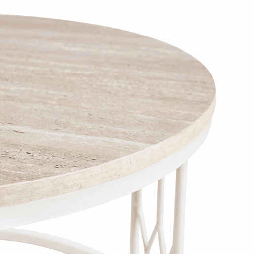 Mesa de centro redonda 70 x 40,5 cm u2014 design moderno com tampo com efeito de madeira e estrutura geométrica em metal u2014 Branco Mesa de centro redonda 70 x 40,5 cm u2014 design moderno com tampo com efeito de madeira e estrutura geométrica em metal u2014 Branco