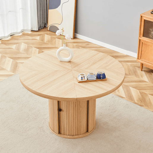 Mesa de jantar redonda 115 x 115 x 74 cm u2014 com espaço de arrumação, pé central com armário, estilo escandinavo moderno u2014 madeira Mesa de jantar redonda 115 x 115 x 74 cm u2014 com espaço de arrumação, pé central com armário, estilo escandinavo moderno u2014 madeira