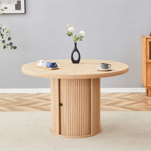 Mesa de jantar redonda 115 x 115 x 74 cm u2014 com espaço de arrumação, pé central com armário, estilo escandinavo moderno u2014 madeira Mesa de jantar redonda 115 x 115 x 74 cm u2014 com espaço de arrumação, pé central com armário, estilo escandinavo moderno u2014 madeira