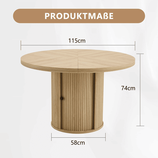 Mesa de jantar redonda 115 x 115 x 74 cm u2014 com espaço de arrumação, pé central com armário, estilo escandinavo moderno u2014 madeira Mesa de jantar redonda 115 x 115 x 74 cm u2014 com espaço de arrumação, pé central com armário, estilo escandinavo moderno u2014 madeira