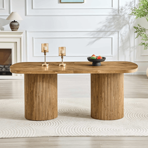 Mesa de jantar oval 180x90x76 cm u2013 estilo Wabi-Sabi e Mid Century, pé em coluna estriada, tampo em MDF com efeito de madeira u2013 cor de madeira Mesa de jantar oval 180x90x76 cm u2013 estilo Wabi-Sabi e Mid Century, pé em coluna estriada, tampo em MDF com efeito de madeira u2013 cor de madeira