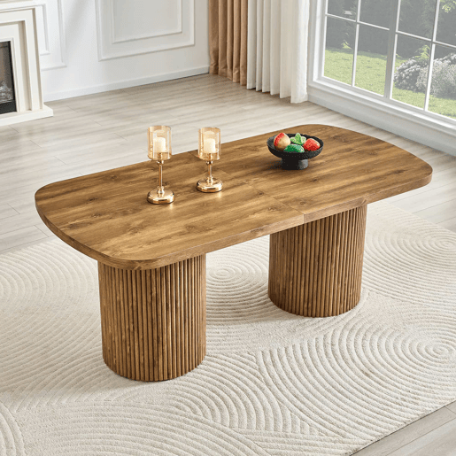 Mesa de jantar oval 180x90x76 cm u2013 estilo Wabi-Sabi e Mid Century, pé em coluna estriada, tampo em MDF com efeito de madeira u2013 cor de madeira Mesa de jantar oval 180x90x76 cm u2013 estilo Wabi-Sabi e Mid Century, pé em coluna estriada, tampo em MDF com efeito de madeira u2013 cor de madeira