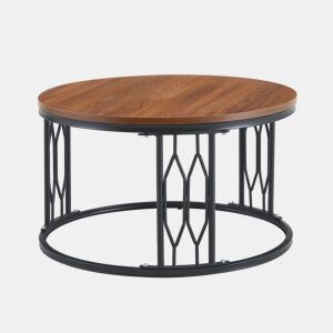 Mesa de centro redonda 70 x 40,5 cm u2014 design moderno com tampo com efeito de madeira e estrutura metálica geométrica u2014 nogueira