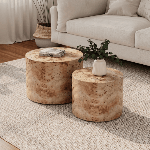 Mesa de centro empilhável de 2 peças - design redondo e moderno em madeira para sala de estar, quarto, varanda e escritório - madeira natural