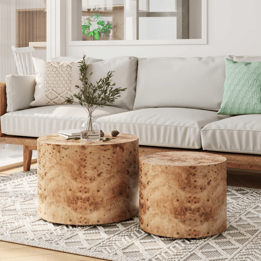 Mesa de centro empilhável de 2 peças - design redondo e moderno em madeira para sala de estar, quarto, varanda e escritório - madeira natural