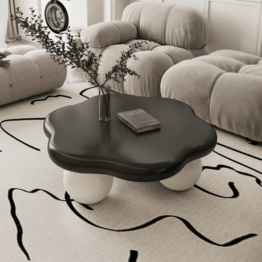Mesa de centro de 79 cm u2014 design minimalista e moderno em forma de nuvem, com pés esféricos e formato de pétala, adequada para crianças e animais de estimação u2014 preto e branco