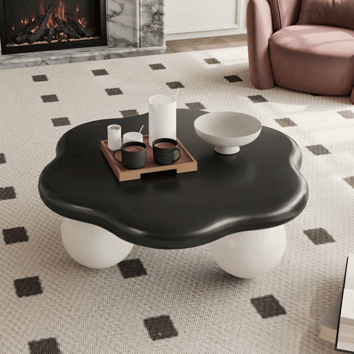 Mesa de centro de 79 cm u2014 design minimalista e moderno em forma de nuvem, com pés esféricos e formato de pétala, adequada para crianças e animais de estimação u2014 preto e branco