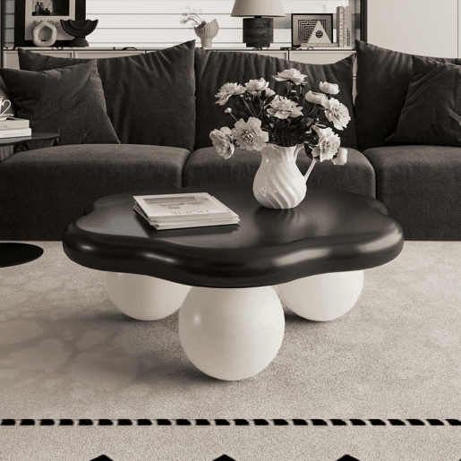 Mesa de centro de 79 cm u2014 design minimalista e moderno em forma de nuvem, com pés esféricos e formato de pétala, adequada para crianças e animais de estimação u2014 preto e branco