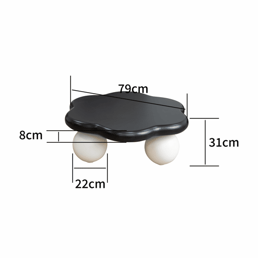 Mesa de centro de 79 cm u2014 design minimalista e moderno em forma de nuvem, com pés esféricos e formato de pétala, adequada para crianças e animais de estimação u2014 preto e branco