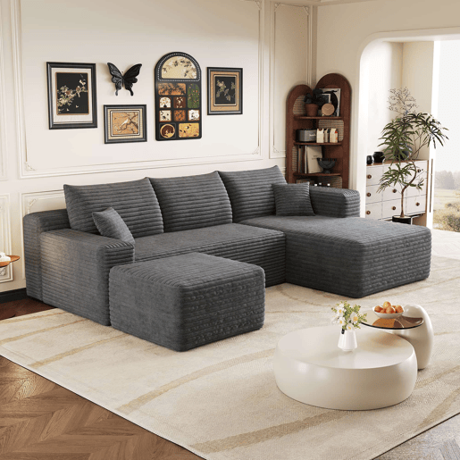 Sofá de canto L 241 cm - design moderno em forma de nuvem, assento profundo, sem montagem - cinzento escuro Sofá de canto L 241 cm - design moderno em forma de nuvem, assento profundo, sem montagem - cinzento escuro