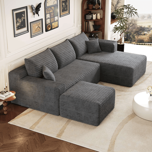 Sofá de canto L 241 cm - design moderno em forma de nuvem, assento profundo, sem montagem - cinzento escuro Sofá de canto L 241 cm - design moderno em forma de nuvem, assento profundo, sem montagem - cinzento escuro