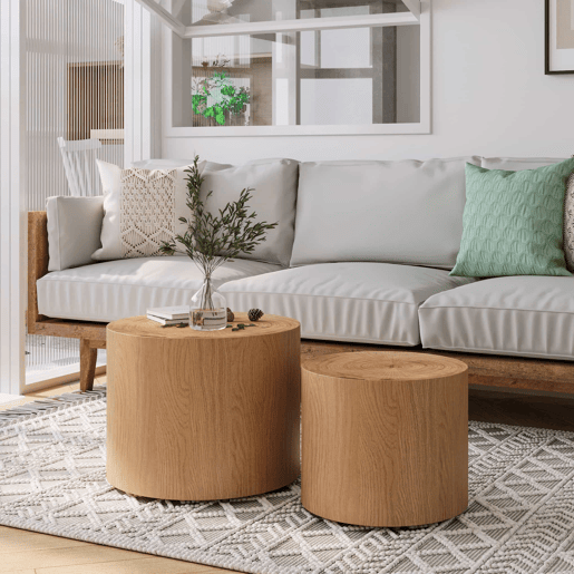 Conjunto de 2 mesas de centro redondas - estilo moderno em madeira com design de tronco natural e empilháveis - madeira natural Conjunto de 2 mesas de centro redondas - estilo moderno em madeira com design de tronco natural e empilháveis - madeira natural