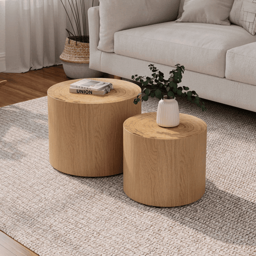 Conjunto de 2 mesas de centro redondas - estilo moderno em madeira com design de tronco natural e empilháveis - madeira natural Conjunto de 2 mesas de centro redondas - estilo moderno em madeira com design de tronco natural e empilháveis - madeira natural