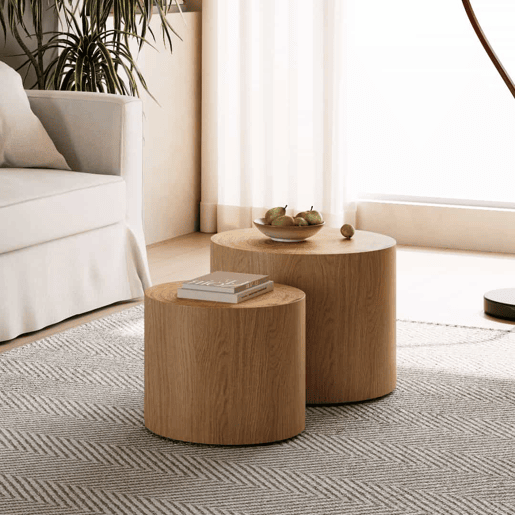 Conjunto de 2 mesas de centro redondas - estilo moderno em madeira com design de tronco natural e empilháveis - madeira natural Conjunto de 2 mesas de centro redondas - estilo moderno em madeira com design de tronco natural e empilháveis - madeira natural