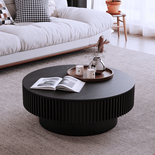 Mesa de centro de 75 cm - redonda, moderna, com espaço de arrumação, em madeira folheada - preta Mesa de centro de 75 cm - redonda, moderna, com espaço de arrumação, em madeira folheada - preta