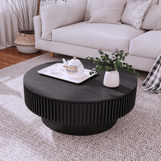 Mesa de centro de 75 cm - redonda, moderna, com espaço de arrumação, em madeira folheada - preta Mesa de centro de 75 cm - redonda, moderna, com espaço de arrumação, em madeira folheada - preta