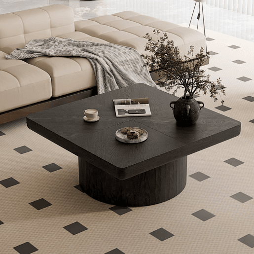 Mesa de centro quadrada 78x78 cm - moderna, com tampo com efeito de madeira e padrão de parquet, e base cilíndrica, tampo espesso - Preto Mesa de centro quadrada 78x78 cm - moderna, com tampo com efeito de madeira e padrão de parquet, e base cilíndrica, tampo espesso - Preto