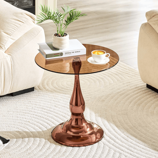 Mesa auxiliar redonda - Vidro temperado e base estável, design moderno e compacto para a sala de estar ou o quarto - Castanho Mesa auxiliar redonda - Vidro temperado e base estável, design moderno e compacto para a sala de estar ou o quarto - Castanho