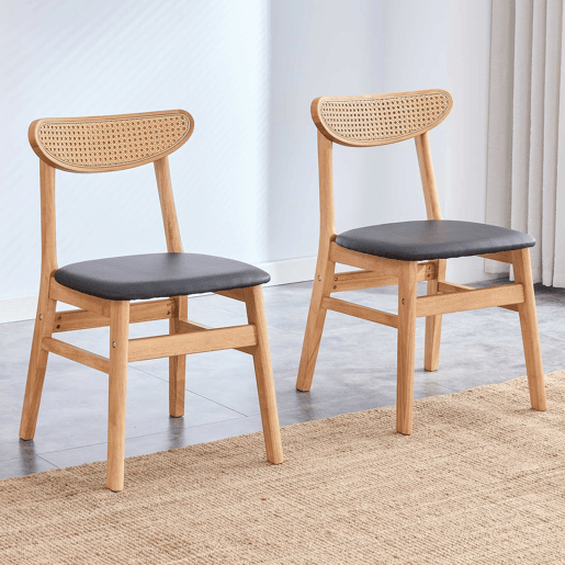 Conjunto de 2 cadeiras de jantar - Encosto em rattan, madeira maciça, assento almofadado ergonómico, estilo escandinavo - Madeira