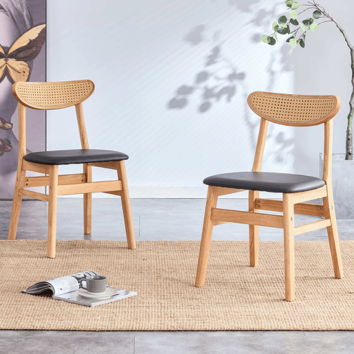 Conjunto de 2 cadeiras de jantar - Encosto em rattan, madeira maciça, assento almofadado ergonómico, estilo escandinavo - Madeira