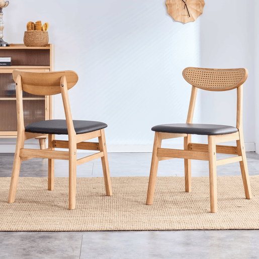 Conjunto de 2 cadeiras de jantar - Encosto em rattan, madeira maciça, assento almofadado ergonómico, estilo escandinavo - Madeira