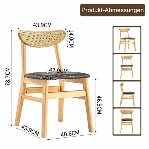 Conjunto de 2 cadeiras de jantar - Encosto em rattan, madeira maciça, assento almofadado ergonómico, estilo escandinavo - Madeira