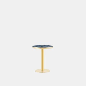 Mesa auxiliar redonda 60x60x74 cm - estilo moderno com tampo com efeito de mármore, borda dourada e estrutura metálica estável - Azul