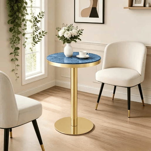 Mesa auxiliar redonda 60x60x74 cm - estilo moderno com tampo com efeito de mármore, borda dourada e estrutura metálica estável - Azul Mesa auxiliar redonda 60x60x74 cm - estilo moderno com tampo com efeito de mármore, borda dourada e estrutura metálica estável - Azul