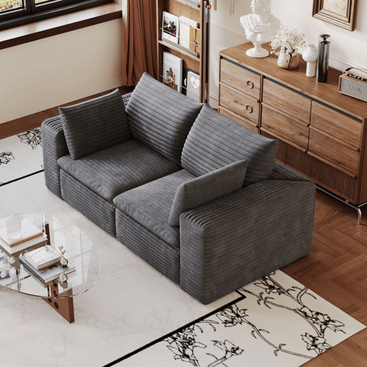 Sofá modular de 180 cm em veludo - design de dupla camada, almofadas removíveis, sem montagem, 2 lugares - cinzento escuro