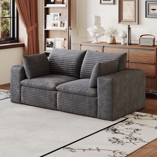 Sofá modular de 180 cm em veludo - design de dupla camada, almofadas removíveis, sem montagem, 2 lugares - cinzento escuro